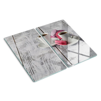 Planche à découper verre Café et macarons sur fond de bois