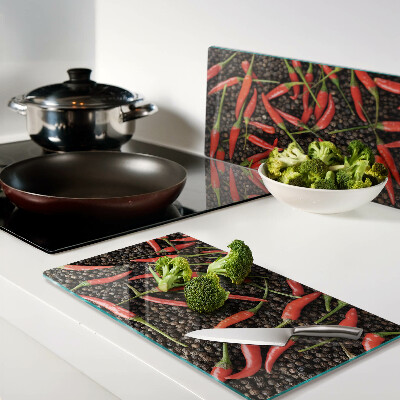 Planche à découper verre Piments sur poivre noir