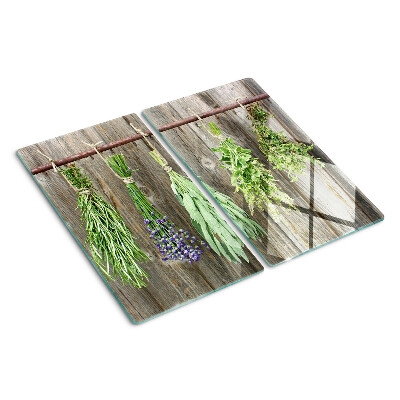 Planche à découper en verre Herbes sur fond de bois