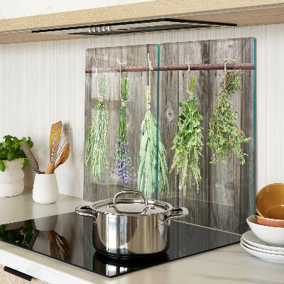 Planche à découper en verre Herbes sur fond de bois