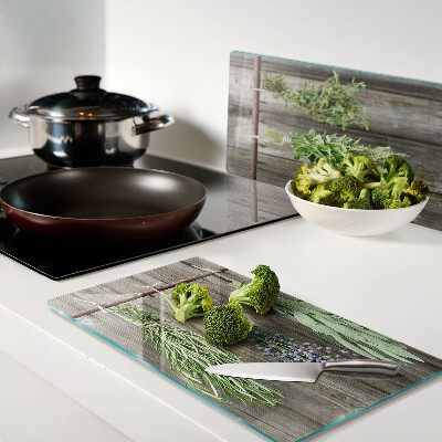 Planche à découper en verre Herbes sur fond de bois