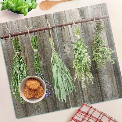 Planche à découper en verre Herbes sur fond de bois