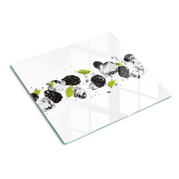 Planche à découper en verre Framboises avec feuilles et gouttes d'eau