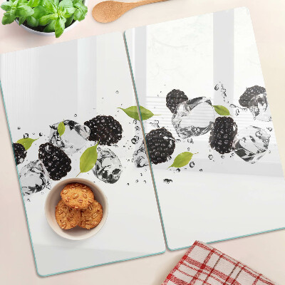 Planche à découper en verre Framboises avec feuilles et gouttes d'eau