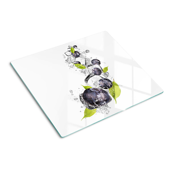 Planche à découper en verre Prunes dans l'eau avec des feuilles
