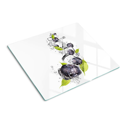 Planche à découper en verre Prunes dans l'eau avec des feuilles