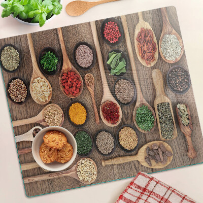 Planche à découper en verre Épices et herbes en cuillères
