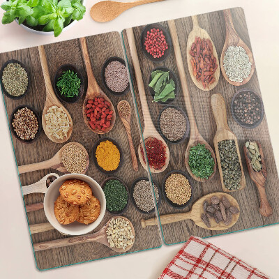 Planche à découper en verre Épices et herbes en cuillères