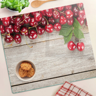Planche à découper en verre Cerises sur fond de bois