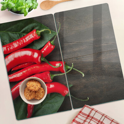 Planche à découper en verre Piments sur fond de bois