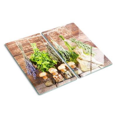 Planche à découper verre Herbes et épices sur fond de bois