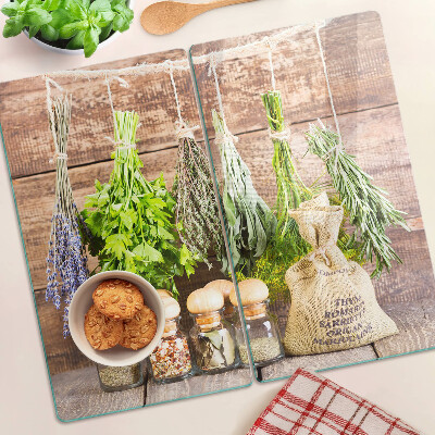 Planche à découper verre Herbes et épices sur fond de bois