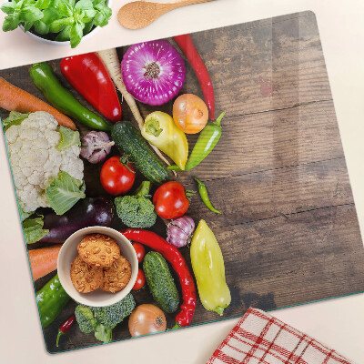 Planche à découper en verre Légumes sur fond de bois