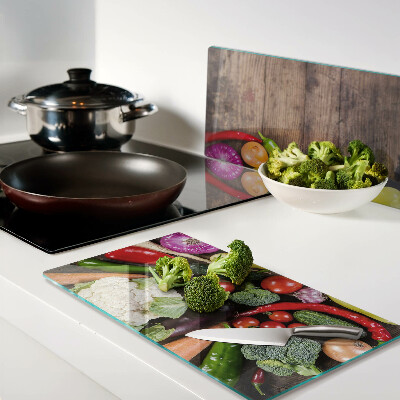 Planche à découper en verre Légumes sur fond de bois