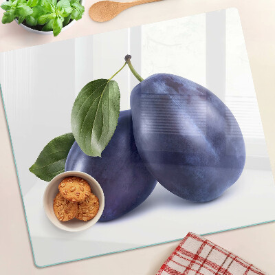 Planche à découper verre Prunes avec feuilles