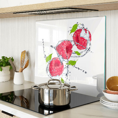 Planche à découper verre Framboises dans l'eau avec des feuilles