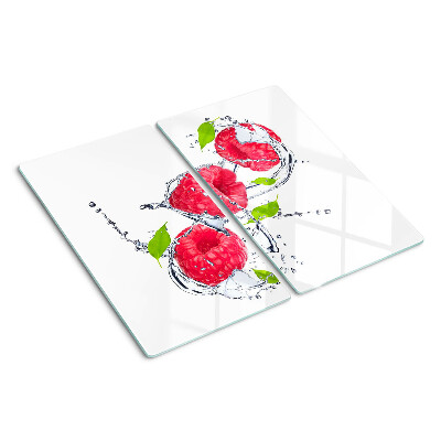 Planche à découper verre Framboises dans l'eau avec des feuilles