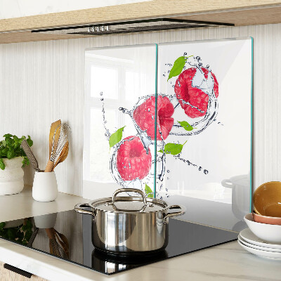 Planche à découper verre Framboises dans l'eau avec des feuilles