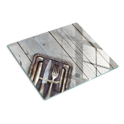 Planche à découper verre Couverts rustiques sur fond de bois