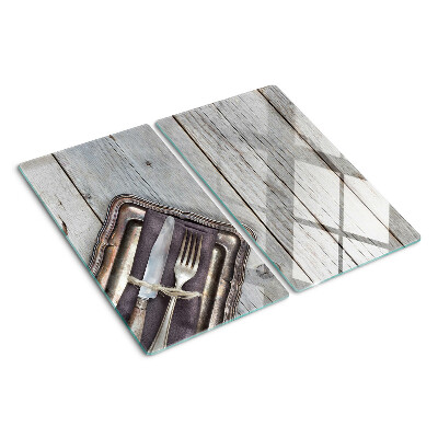 Planche à découper verre Couverts rustiques sur fond de bois