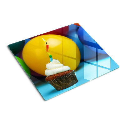 Planche à découper en verre Cupcake d'anniversaire avec des ballons