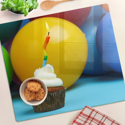 Planche à découper en verre Cupcake d'anniversaire avec des ballons