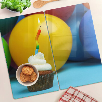 Planche à découper en verre Cupcake d'anniversaire avec des ballons