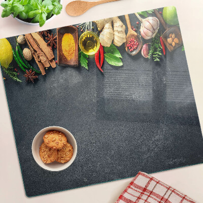 Planche à découper en verre Épices et ingrédients de cuisine