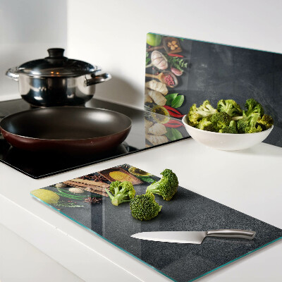 Planche à découper en verre Épices et ingrédients de cuisine