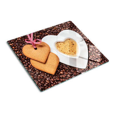 Planche à découper verre Café avec un cœur et des biscuits