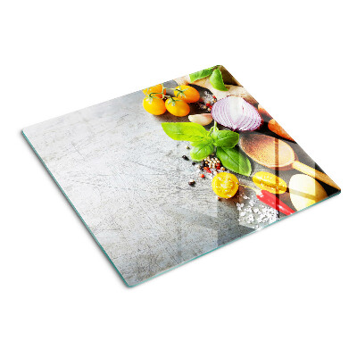 Planche à découper verre Ingrédients de cuisine et herbes