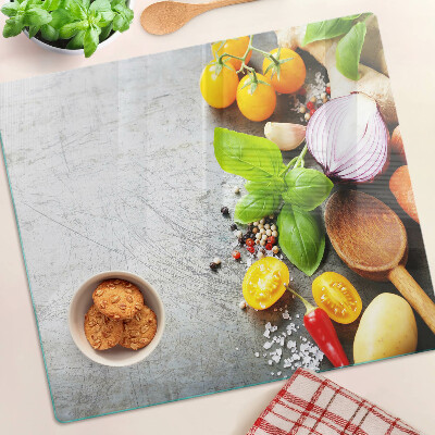 Planche à découper verre Ingrédients de cuisine et herbes