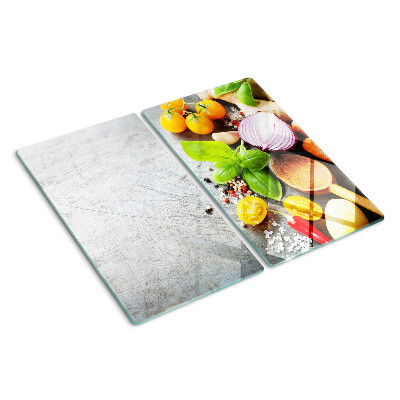Planche à découper verre Ingrédients de cuisine et herbes