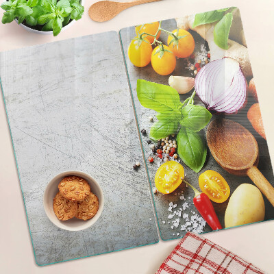 Planche à découper verre Ingrédients de cuisine et herbes