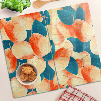 Planche à découper verre Pêches sur fond de feuilles