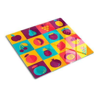 Planche à découper en verre Motif de fruits dans des carrés colorés