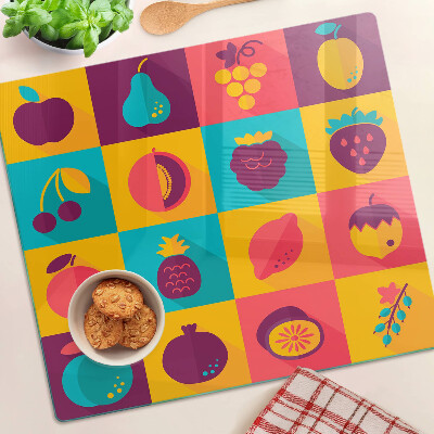 Planche à découper en verre Motif de fruits dans des carrés colorés