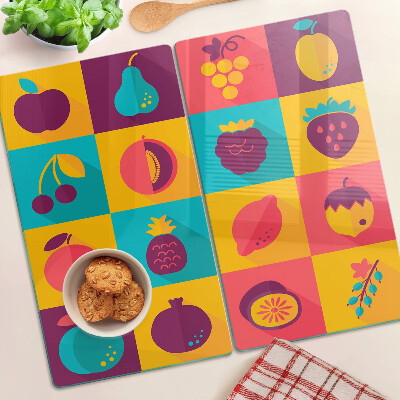 Planche à découper en verre Motif de fruits dans des carrés colorés