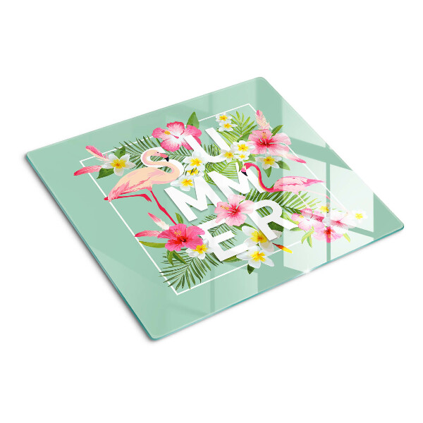 Planche à découper verre Fleurs d'été et flamants roses