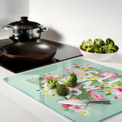 Planche à découper verre Fleurs d'été et flamants roses