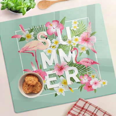 Planche à découper verre Fleurs d'été et flamants roses
