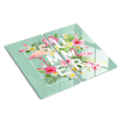 Planche à découper verre Fleurs d'été et flamants roses