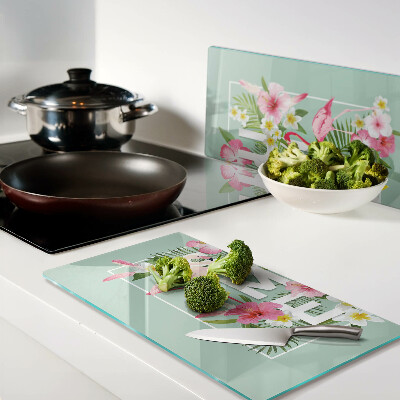 Planche à découper verre Fleurs d'été et flamants roses