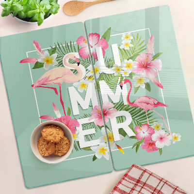 Planche à découper verre Fleurs d'été et flamants roses