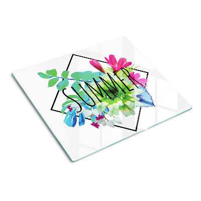 Planche à découper en verre Fleurs d'été avec l'inscription « ÉTÉ »