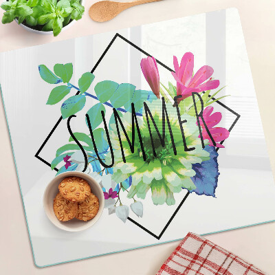 Planche à découper en verre Fleurs d'été avec l'inscription « ÉTÉ »