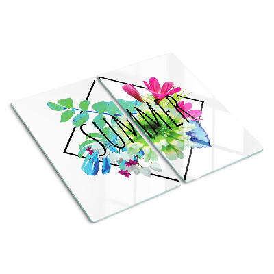 Planche à découper en verre Fleurs d'été avec l'inscription « ÉTÉ »