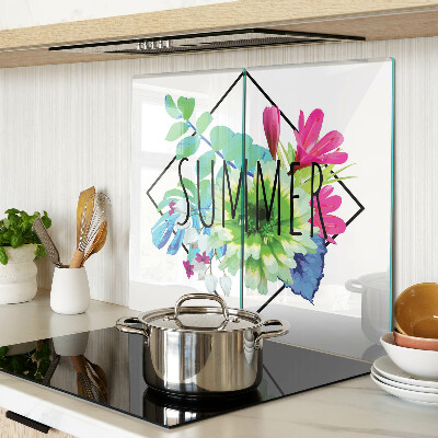 Planche à découper en verre Fleurs d'été avec l'inscription « ÉTÉ »