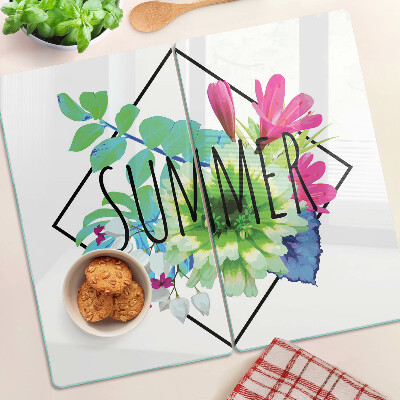 Planche à découper en verre Fleurs d'été avec l'inscription « ÉTÉ »