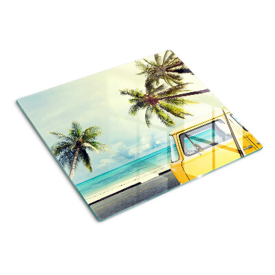 Planche à découper en verre Plage avec des palmiers et une voiture